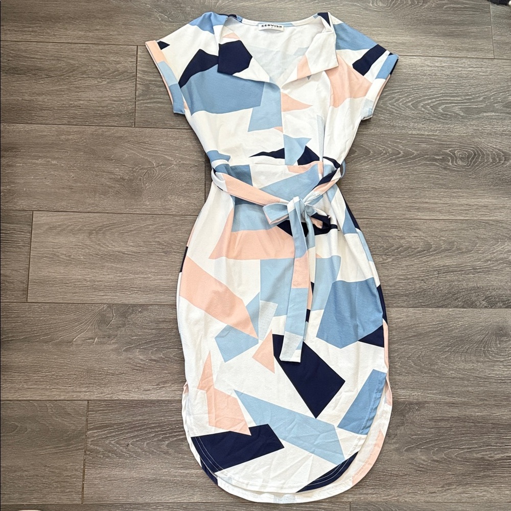 SHEIN Abstract Print Midi Dress - Blue and Pink